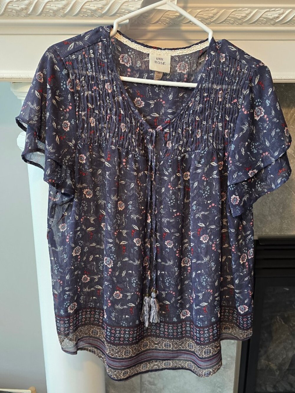 Knox Rose Boho Floral Peasant Blouse Size XL Blue Green Pintuck Tassel